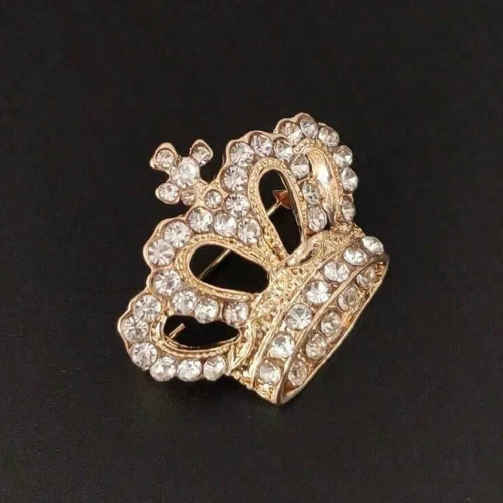 NWT Elegant Gold Crown Brooch with Crystals Unisex